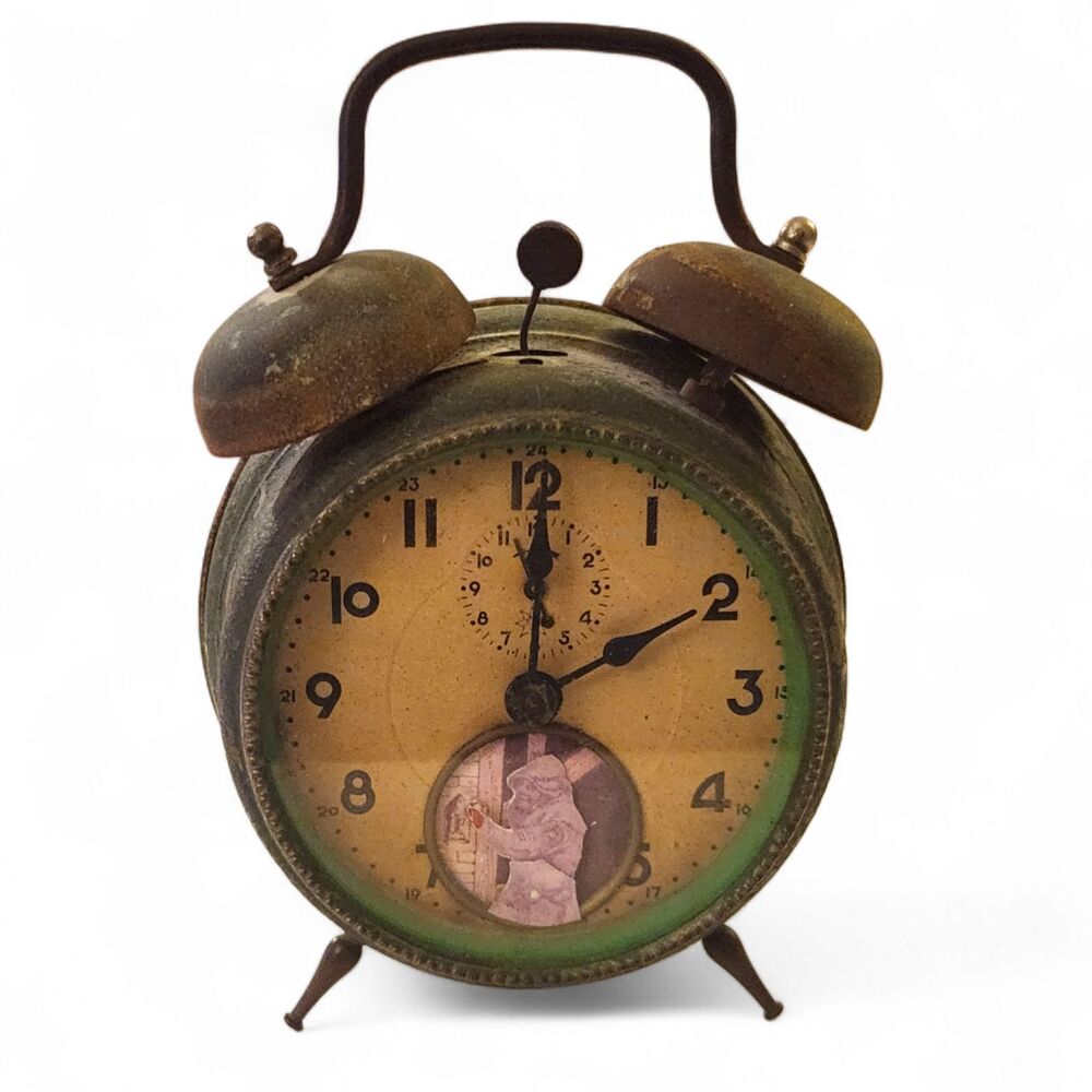 Vintage Mechanical Twin Bell Alarm Clock with Child Illustration – Mid-Century